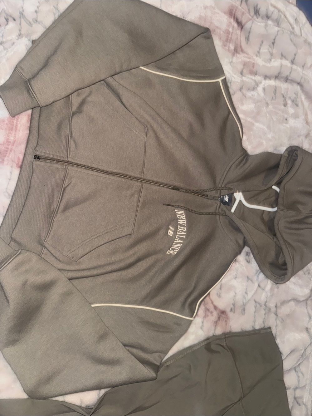 New Balance Olive Green Hooded Zip Jacket with Cream Piping